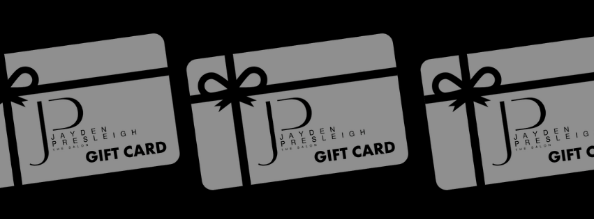Graphic featuring multiple Jayden Presleigh salon gift cards arranged in a row on a black background
