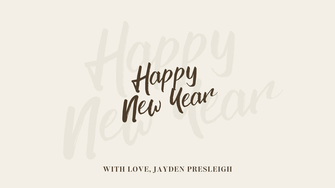 Happy New Year graphic with handwritten text and message: With love, Jayden Presleigh