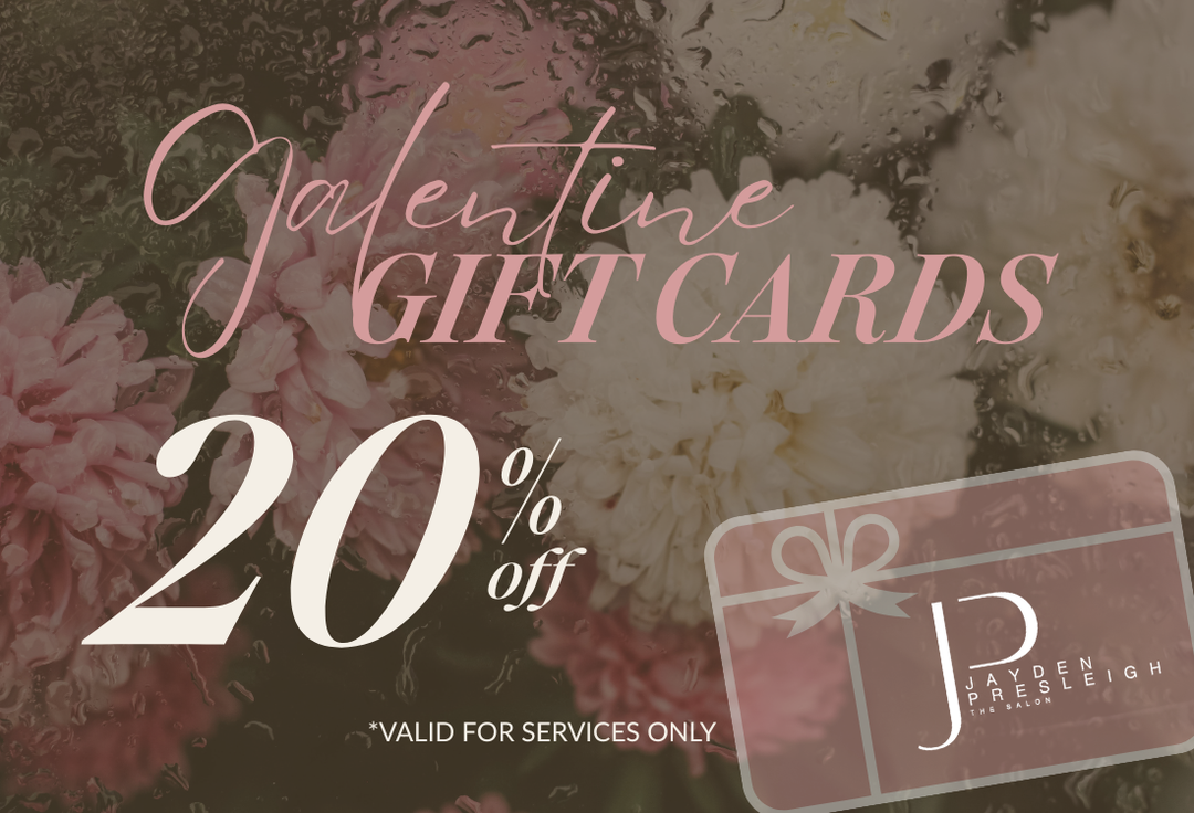 Valentine gift cards promotion featuring 20 percent off salon services at Jayden Presleigh The Salon with floral background