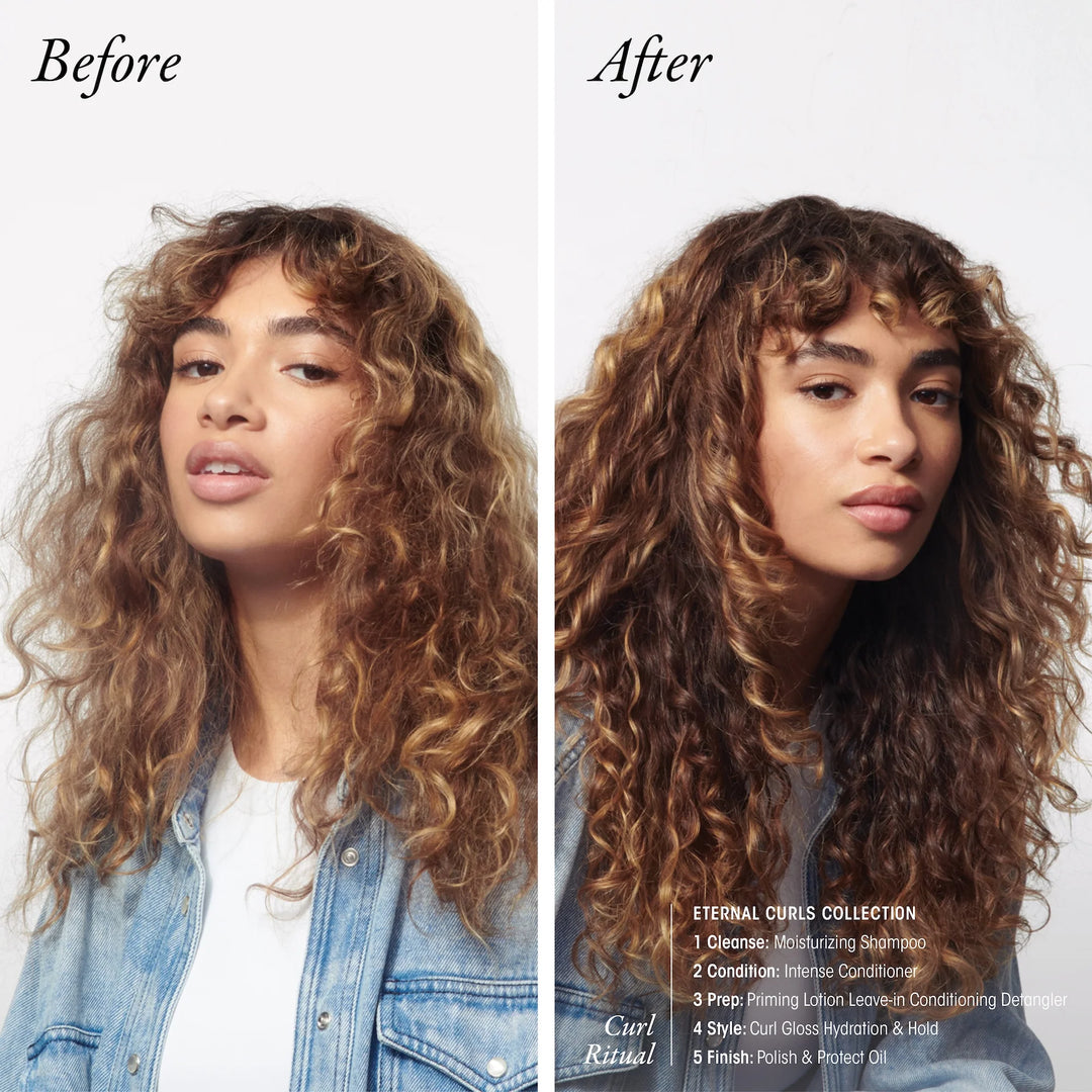 Before/after of a curly-haired model; hydrated, defined curls with Oribe Eternal Curls Moisturizing Shampoo; 2-4 curls