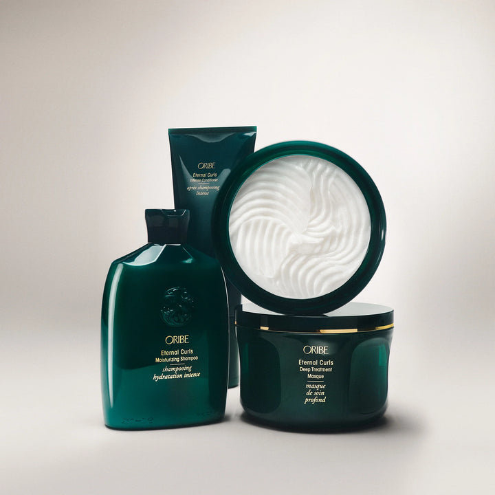 Oribe Eternal Curls Moisturizing Shampoo with conditioner and deep treatment mask in green packaging.