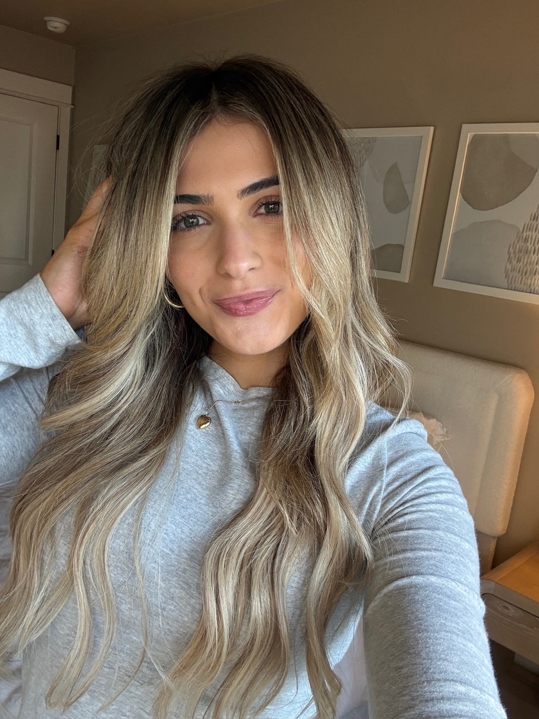 Seamless hand-tied hair extensions blonde balayage at Jayden Presleigh The Salon Carlsbad CA