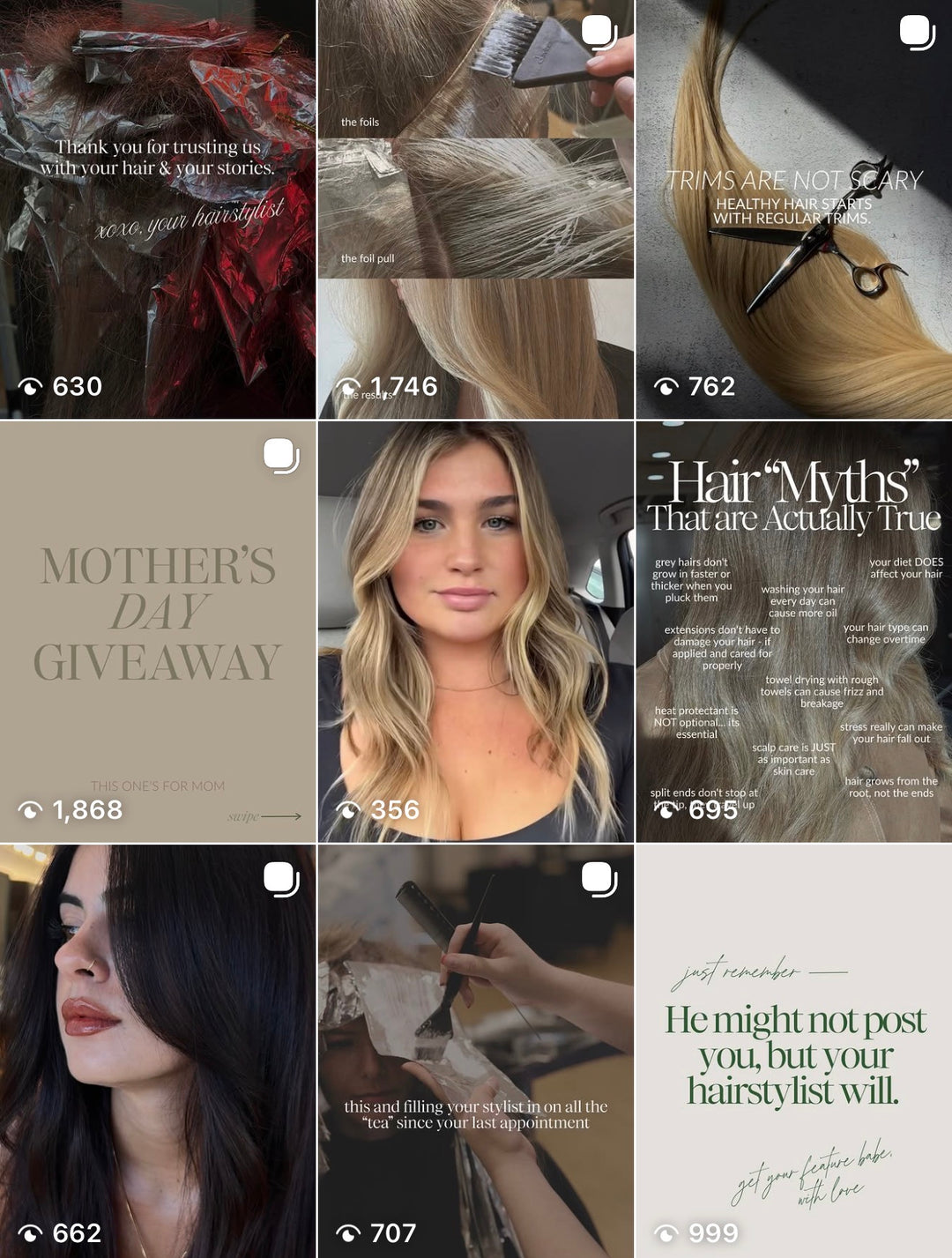 Jayden Presleigh The Salon Instagram content grid featuring branded hair education, promotions, and lifestyle posts