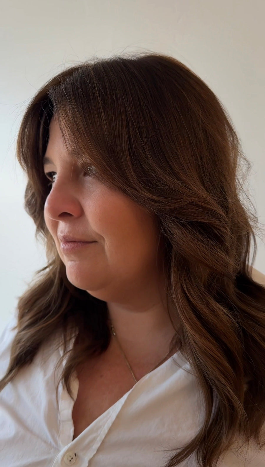 Brunette transformation haircut dimensional color balayage at Jayden Presleigh hair salon Carlsbad CA