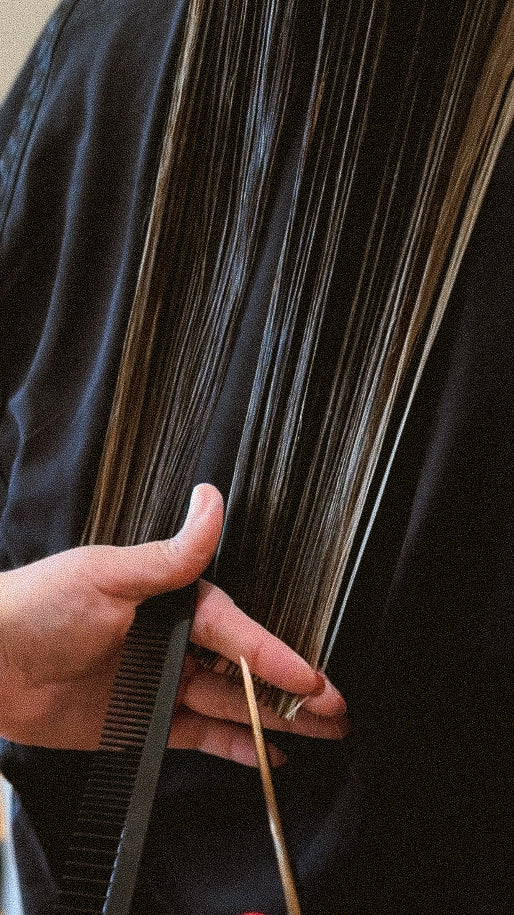 Stylist cutting long dark hair at Jayden Presleigh The Salon Carlsbad CA
