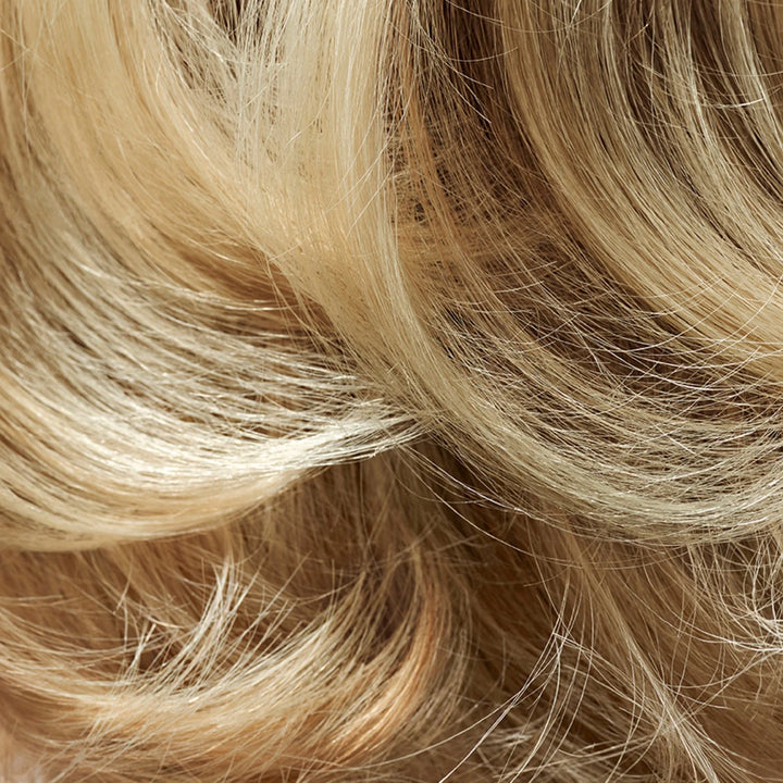 Close-up of blonde hair with a focus on texture and color gradient.